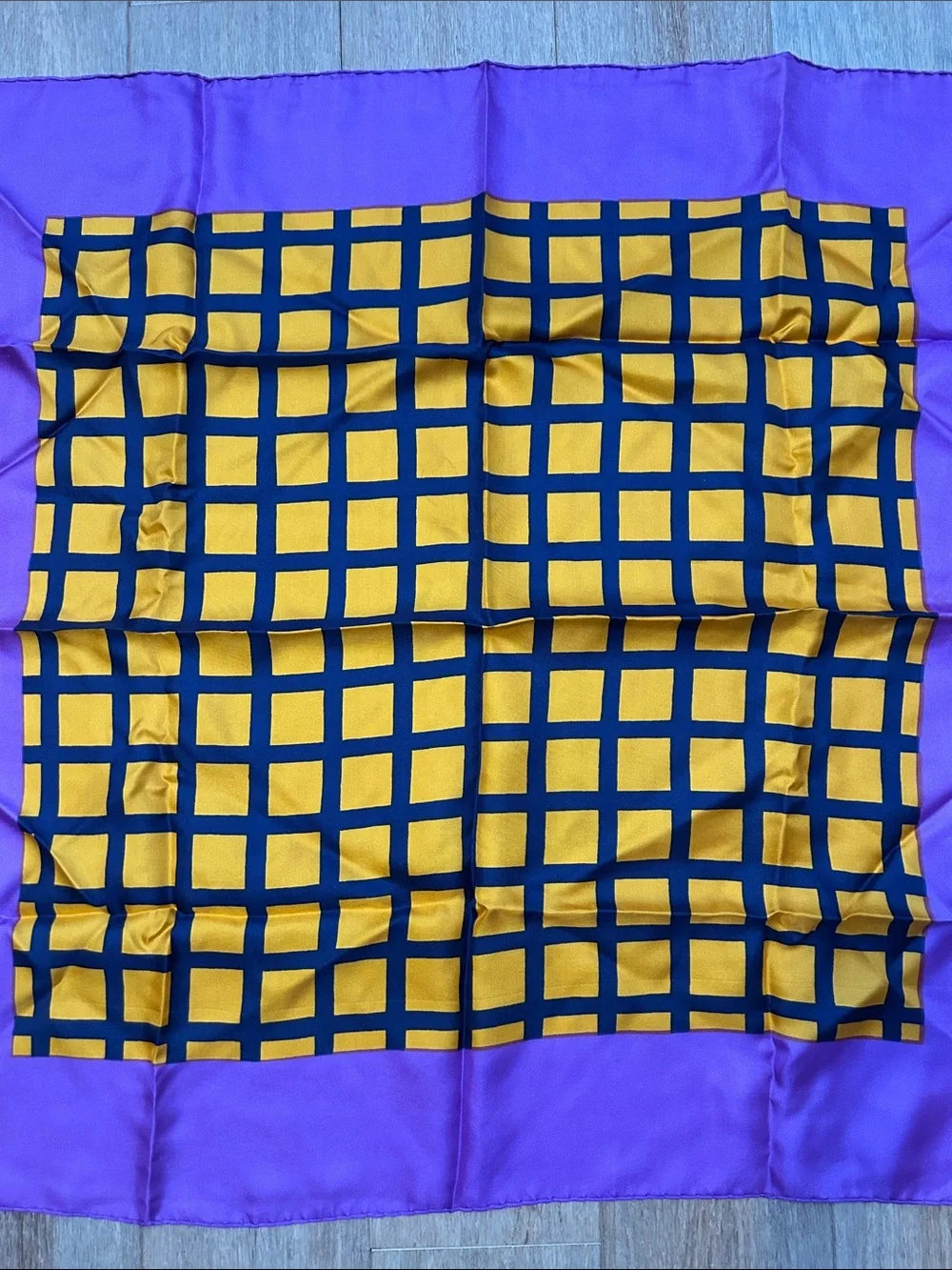 VTG Michel Swiss Purple and Yellow Grid Silk Scarf made in France square